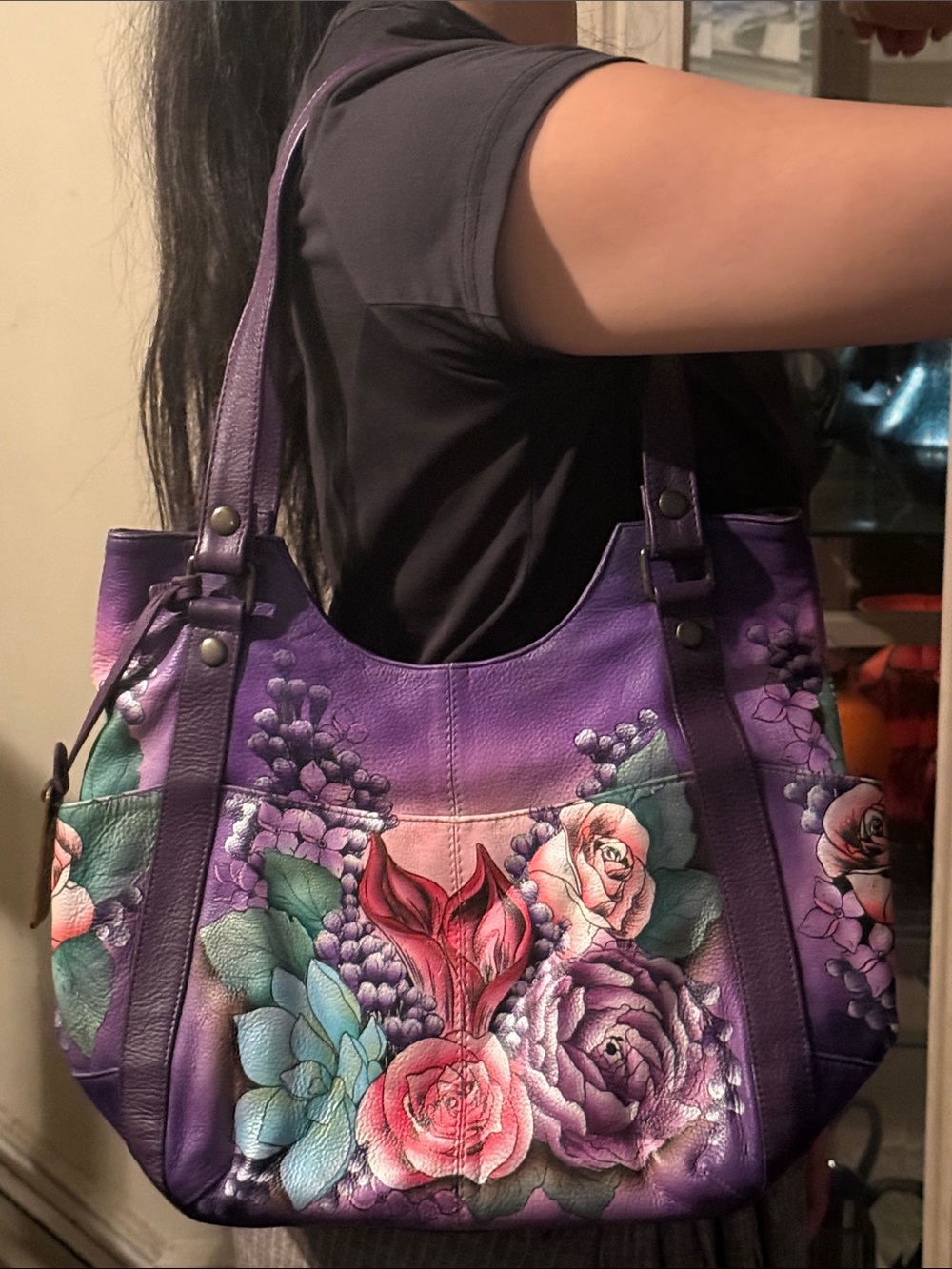 Anuschka Purple Hand-Painted Floral Leather Tote with Pink Rose Accent
